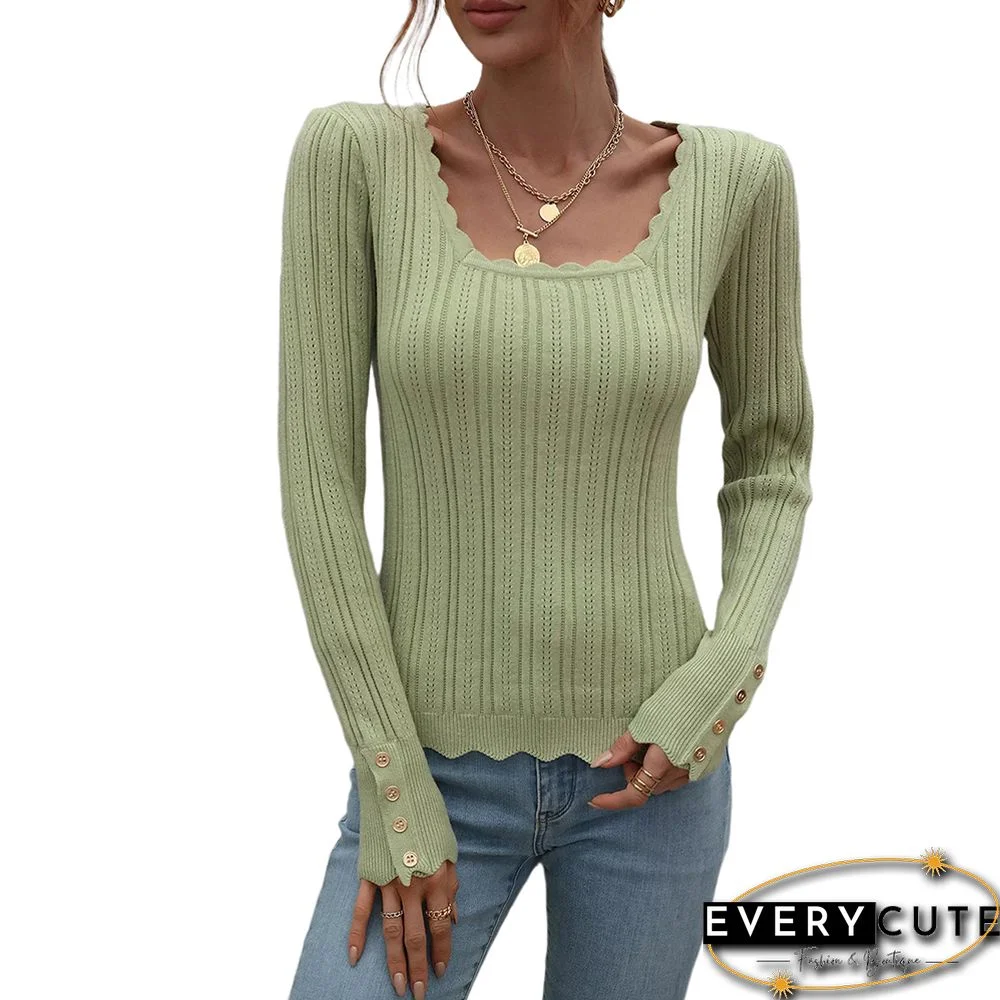 Green Knit Button Long Sleeve Pullover Top