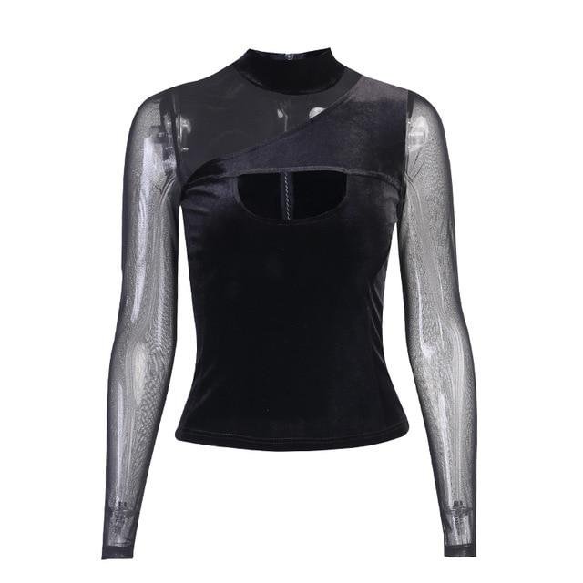 Mesh Velvet Patchwork Turtleneck Top
