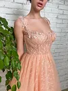 Light Peach Pink Lace Tea Length Dress Bodice Sweetheart Prom Robe Ball Gown Floral Applique Bridesmaids Dresses A Line Formal Evening Tulle