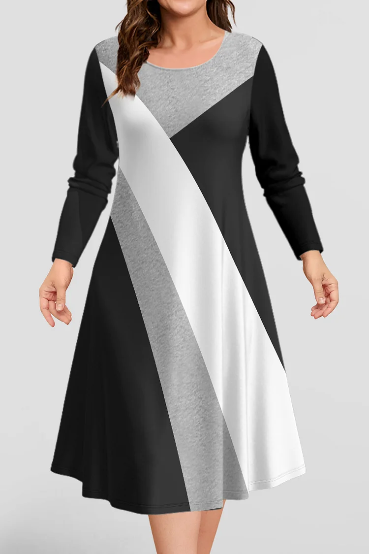 Flycurvy Plus Size Casual Black Colorblock Stitching Print Tunic Midi Dress