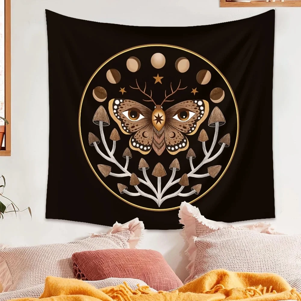 Bee Butterfly Flower Plant Tapestry Wall Hanging Black Background Cloth Moon Sun Tapestry For Farmhouse Decoration tapestry