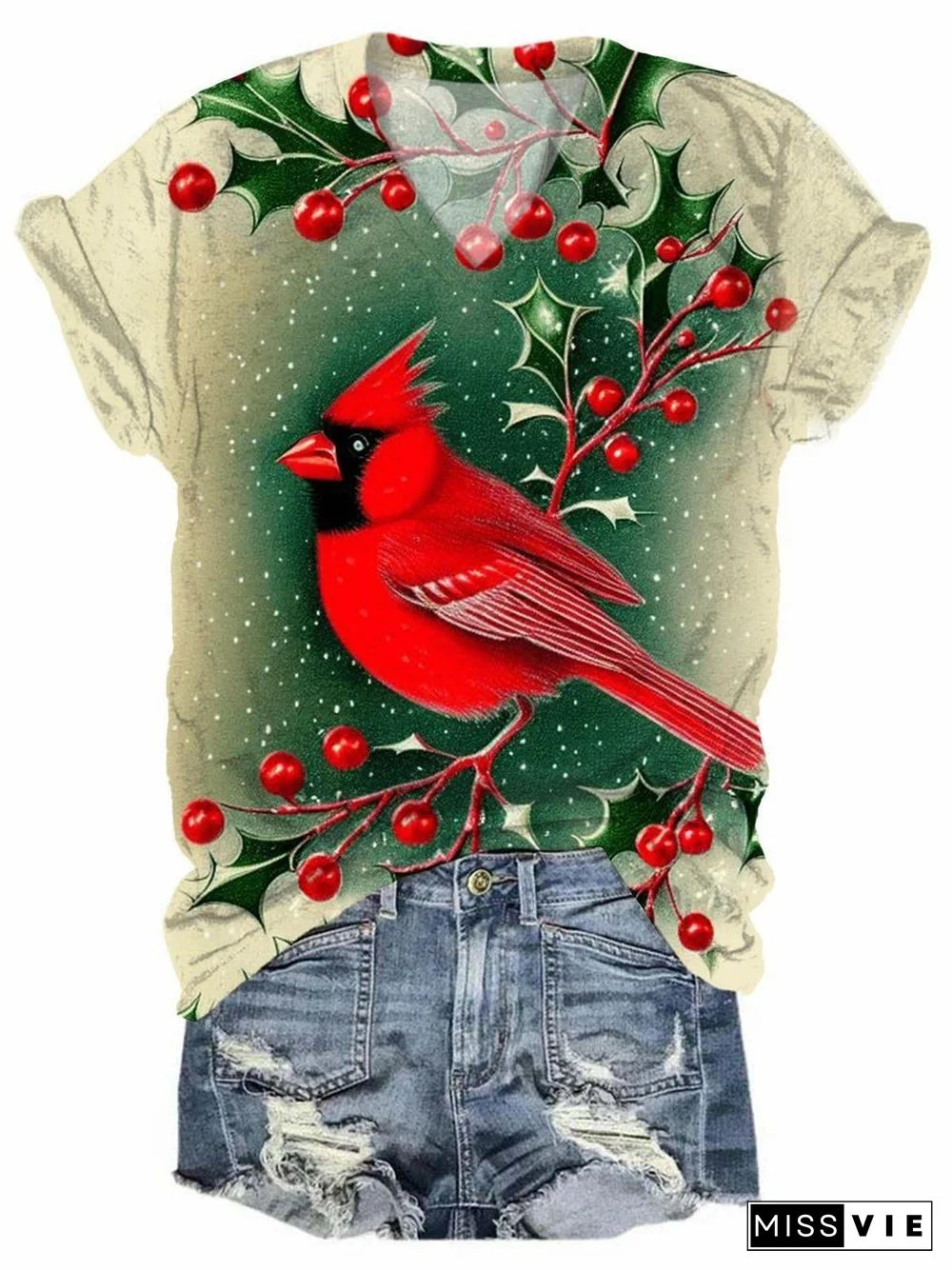 Women's Vintage Christmas Cardinal Bird Print T-Shirt