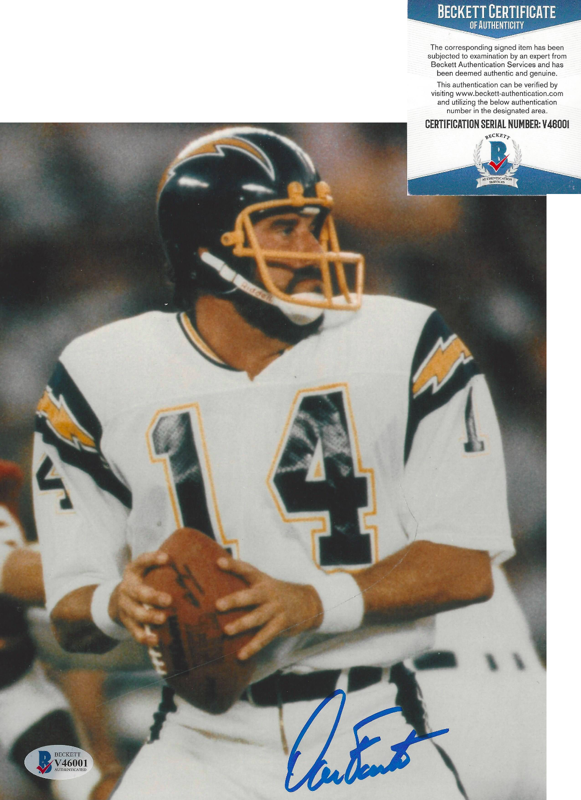 DAN FOUTS SAN DIEGO CHARGERS SIGNED 8X10 Photo Poster painting NFL HOF LEGEND BECKETT COA BAS