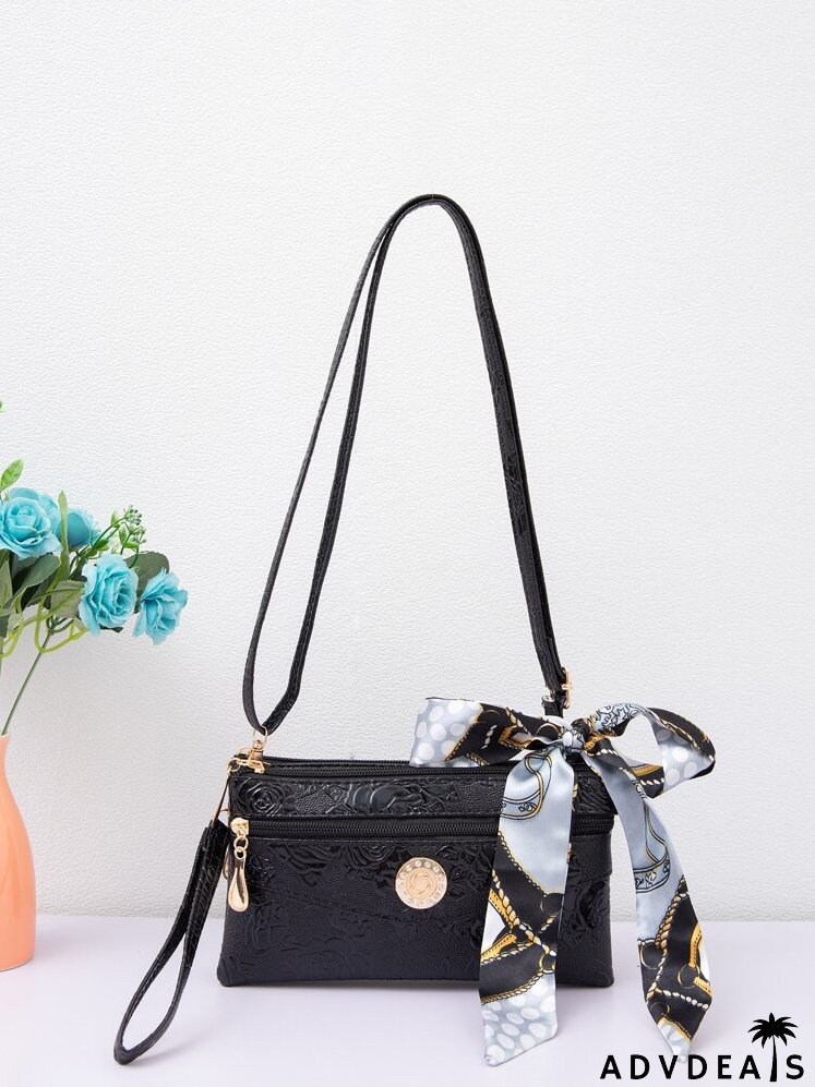 Embossed Detail Twilly Scarf Decor Crossbody Bag
