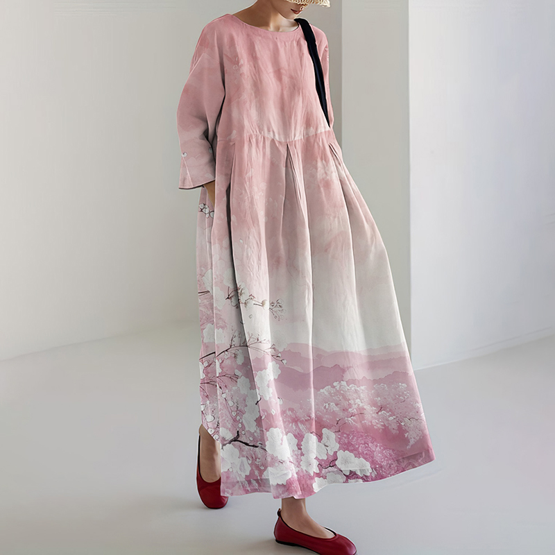 Comstylish Vintage Sakura Blossom Print High Waist Loose Dress