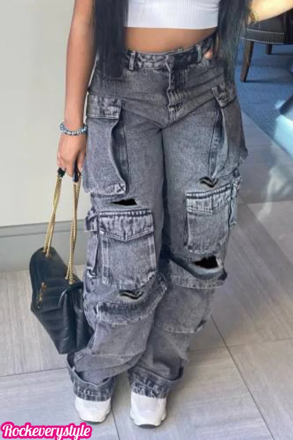 Fashion Multi-dimensional Pocket Washed Cargo Jeans