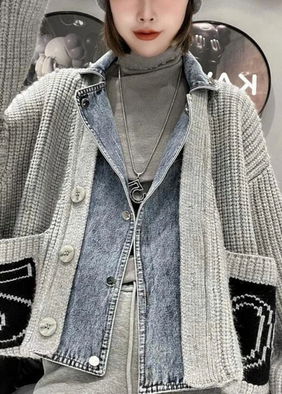 Beautiful Grey Denim Patchwork Pockets Button Fall Sweater Coat