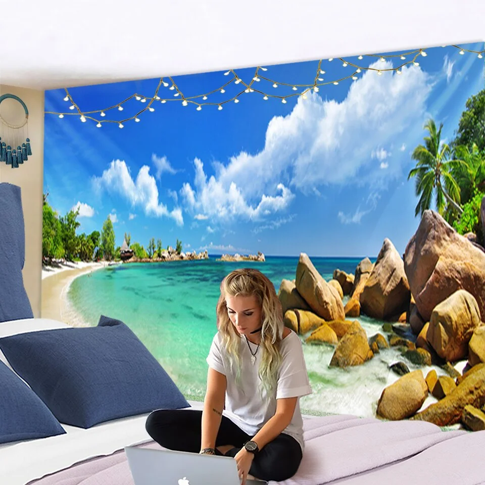 seaview room Tapestry Sea Coconut Tree Wall Hanging Beach Tapestries 3D Printed Large Wall Tapestry Boho Hippie Home Decor