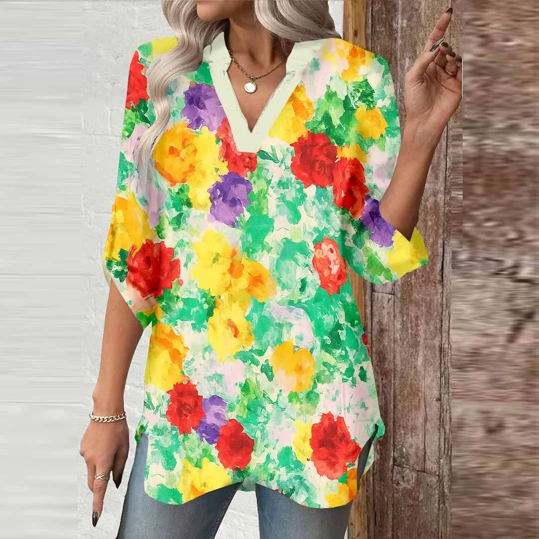 Women Floral, Green, Red, Yellow DZGA0488 3/4 Sleeve V-neck Printed Graphic Button Tops