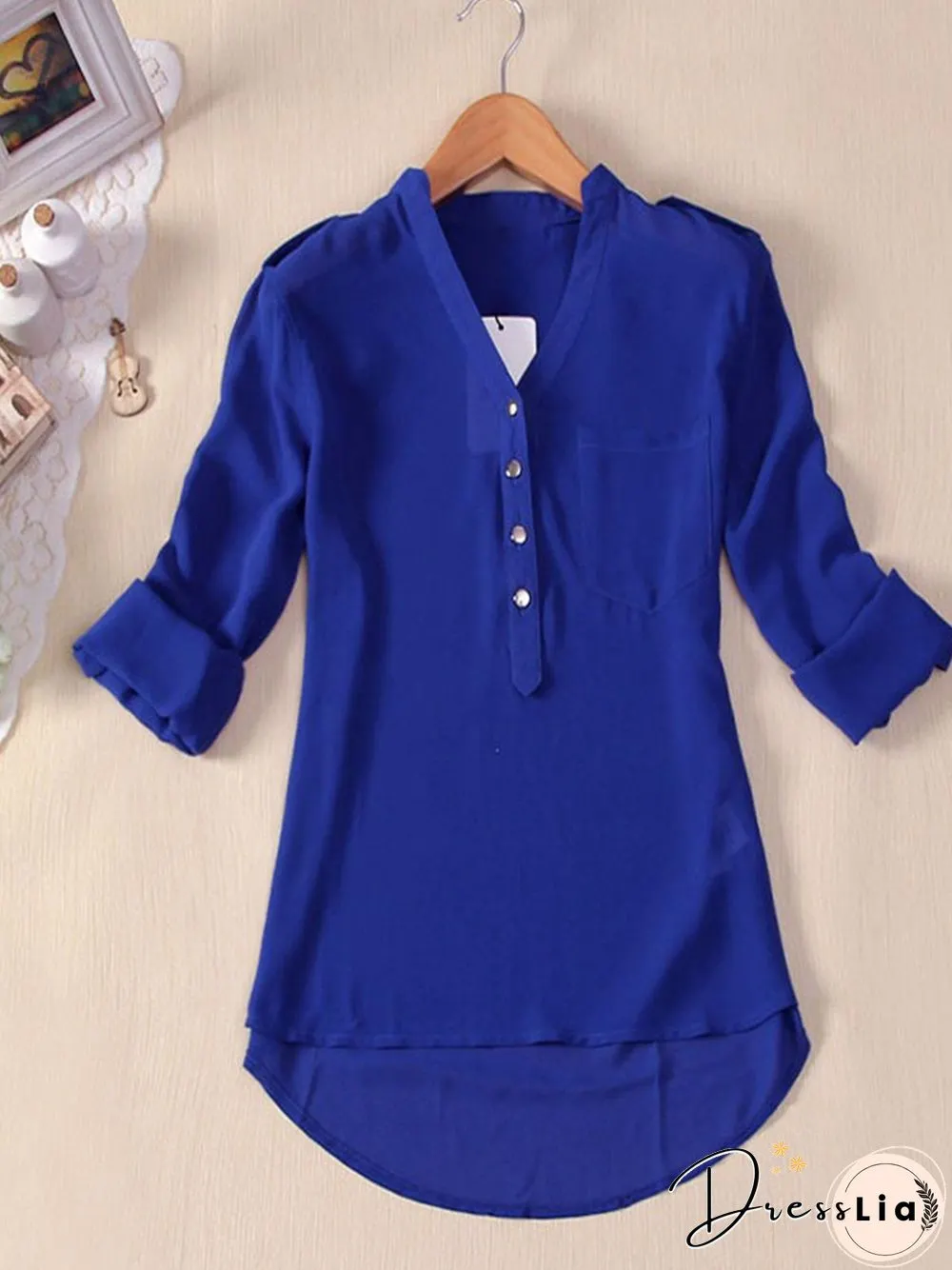 Plain Pockets V Neck Long Sleeve Plus Size Casual Shirts Tops