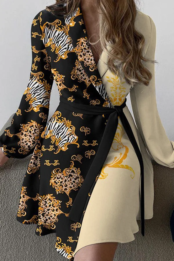 Temperament one-piece color blocking lace up dress