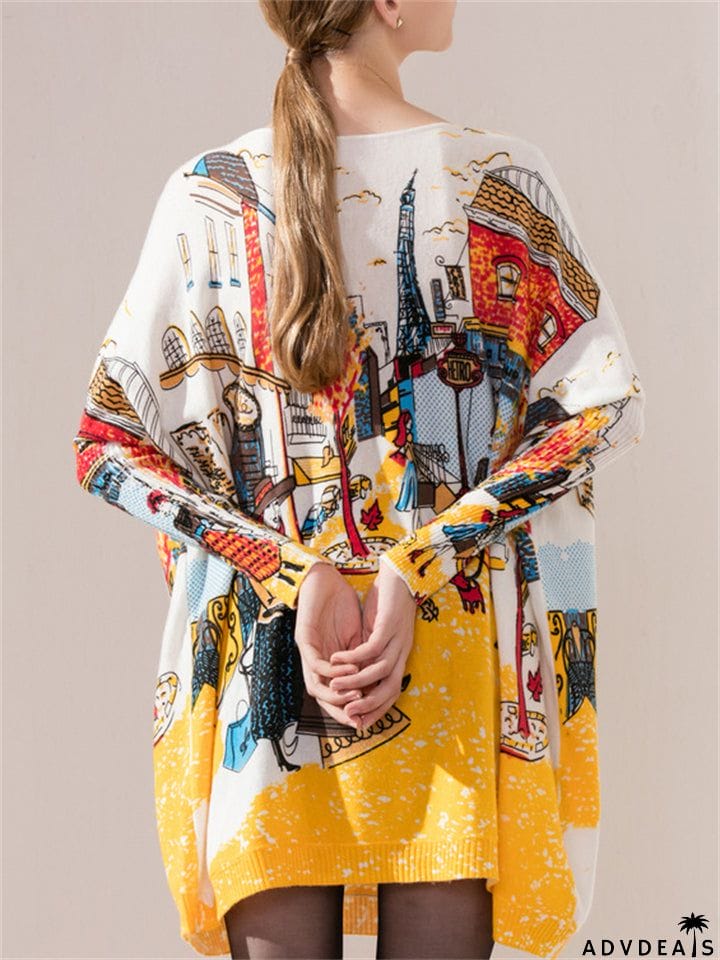 Autumn Winter  Large Size Knitting Pullover Printed Graffiti Women's Dresses