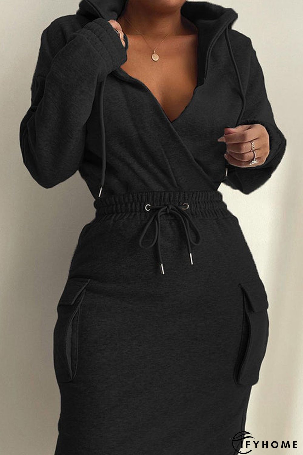 Pockets Drawstring V Neck Hooded Dress | IFYHOME