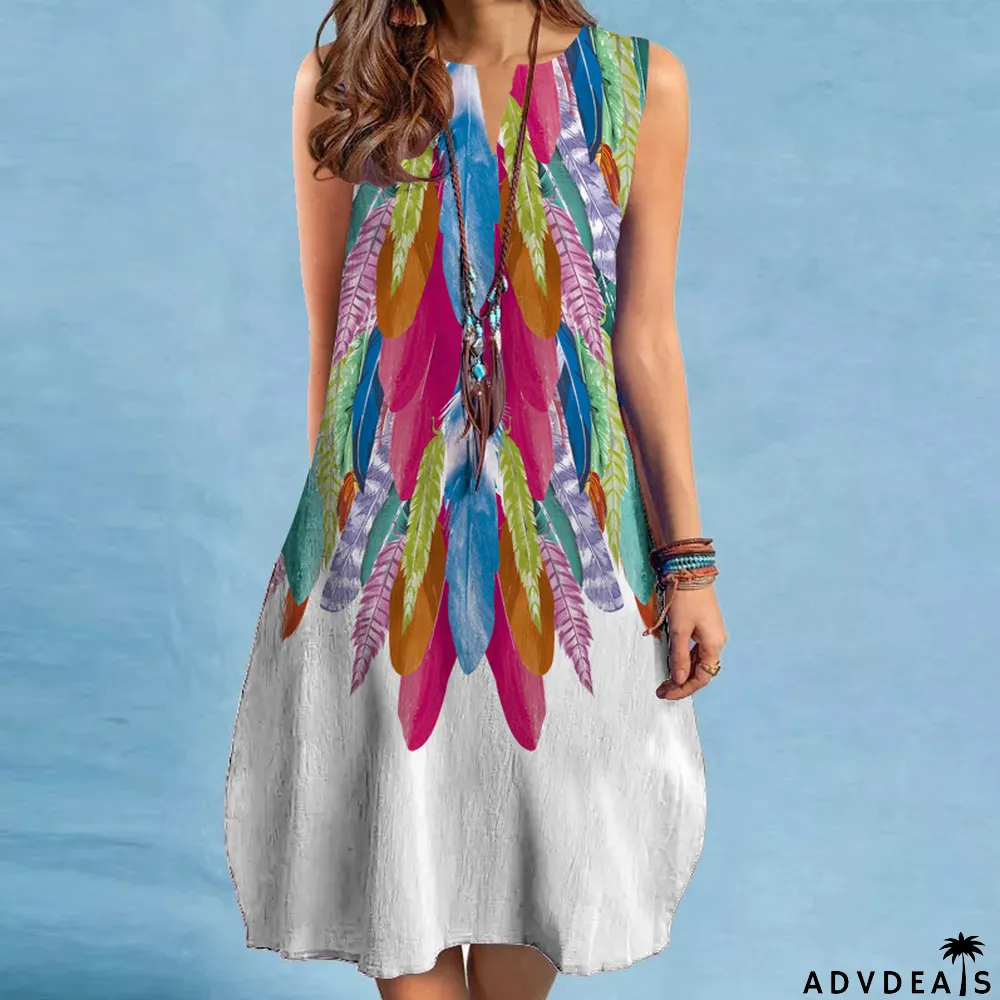 Fashion Vintage Print V Neck Multicolor Sexy Sleeveless Casual Dress