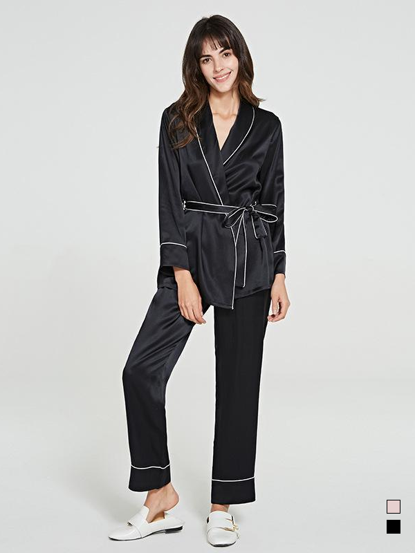 25 MOMME Robe de chambre avec pantalon en soie ceinturé- SOIE PLUS