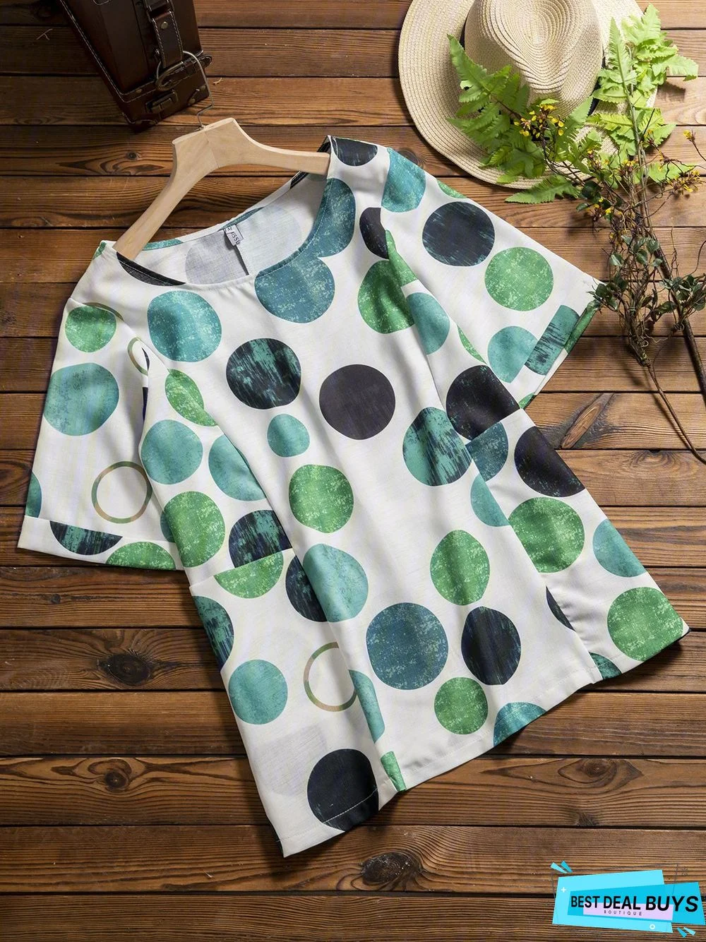 Green Casual Polka Dots Floral-Print T-shirt