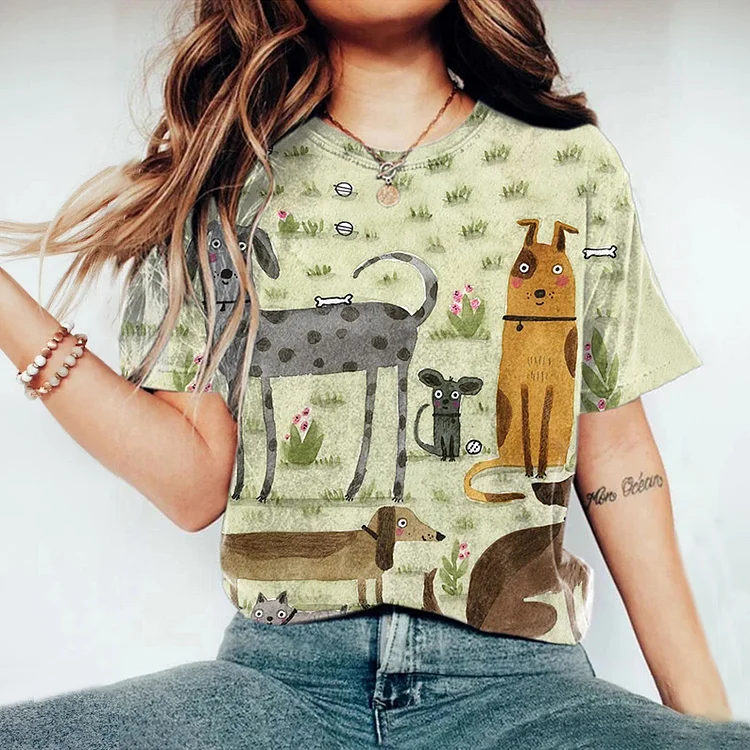 Women's Dogs Print Round Neck T-Shirt