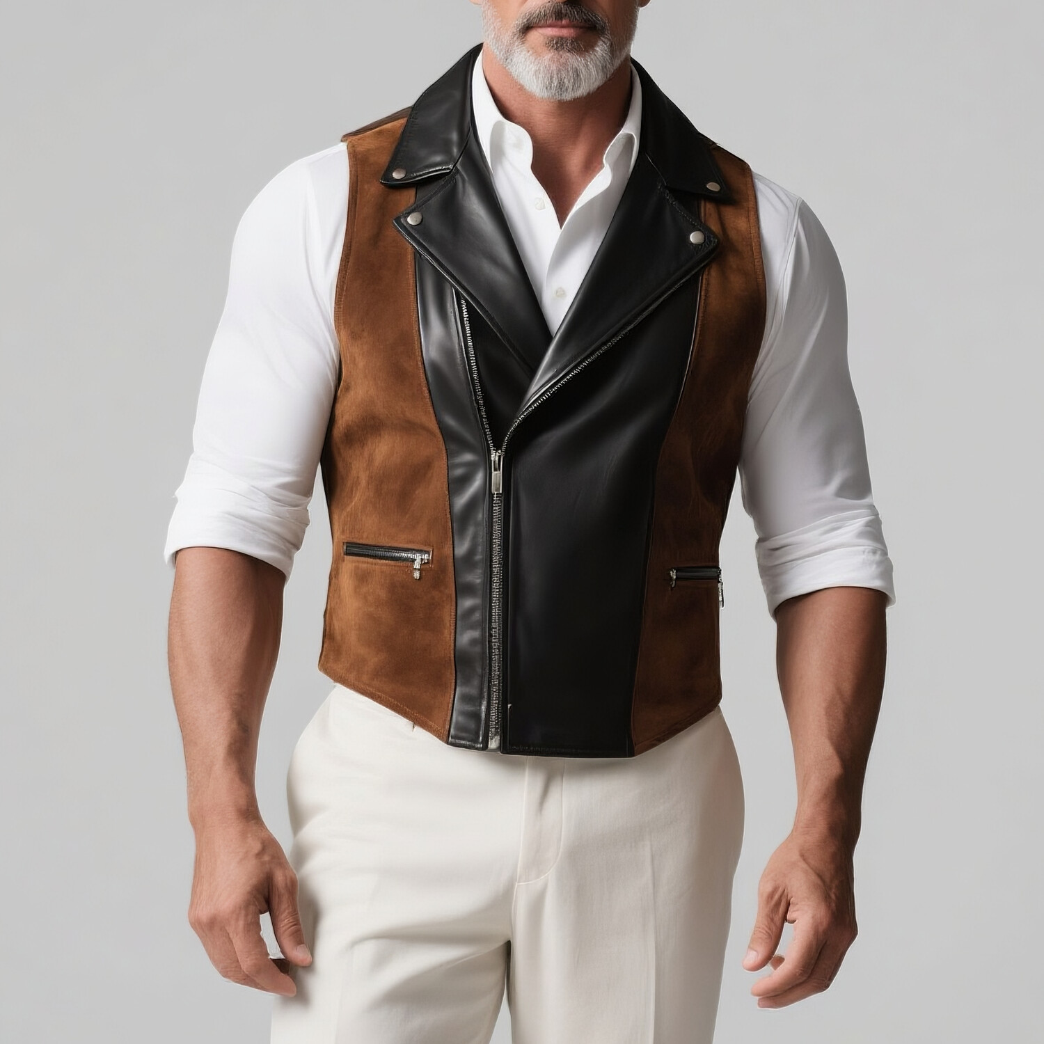 Men's Two Tone PU Leather Notch Lapel Zipper Suede Biker Vest