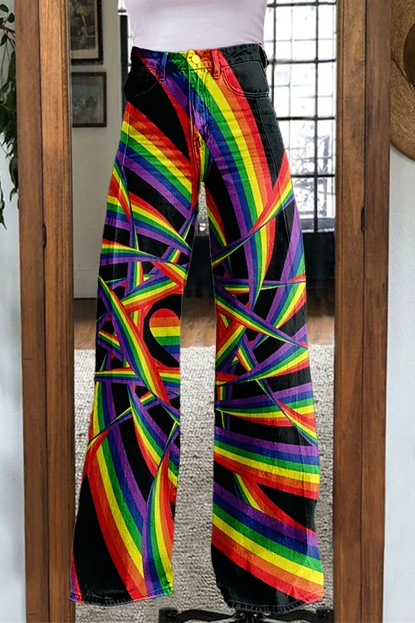 Casual Lgbtq Rainbow Stripe Print Wide-Leg Trousers