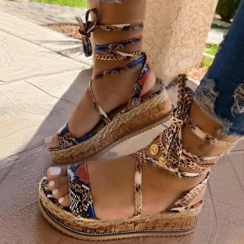 Women Snake Gladiator Sandals Summer Platform Wedges Heel Ankle Cross-tied Fashion Sexy Open Toe Party Shoes Ladies Female 2020