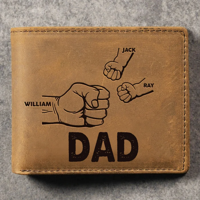 3 Names-Personalized Leather Mens Wallet Engraved 3 Names Fist Bump Folding Wallet Set With Gift Card Gift Box Father's Day Gifts