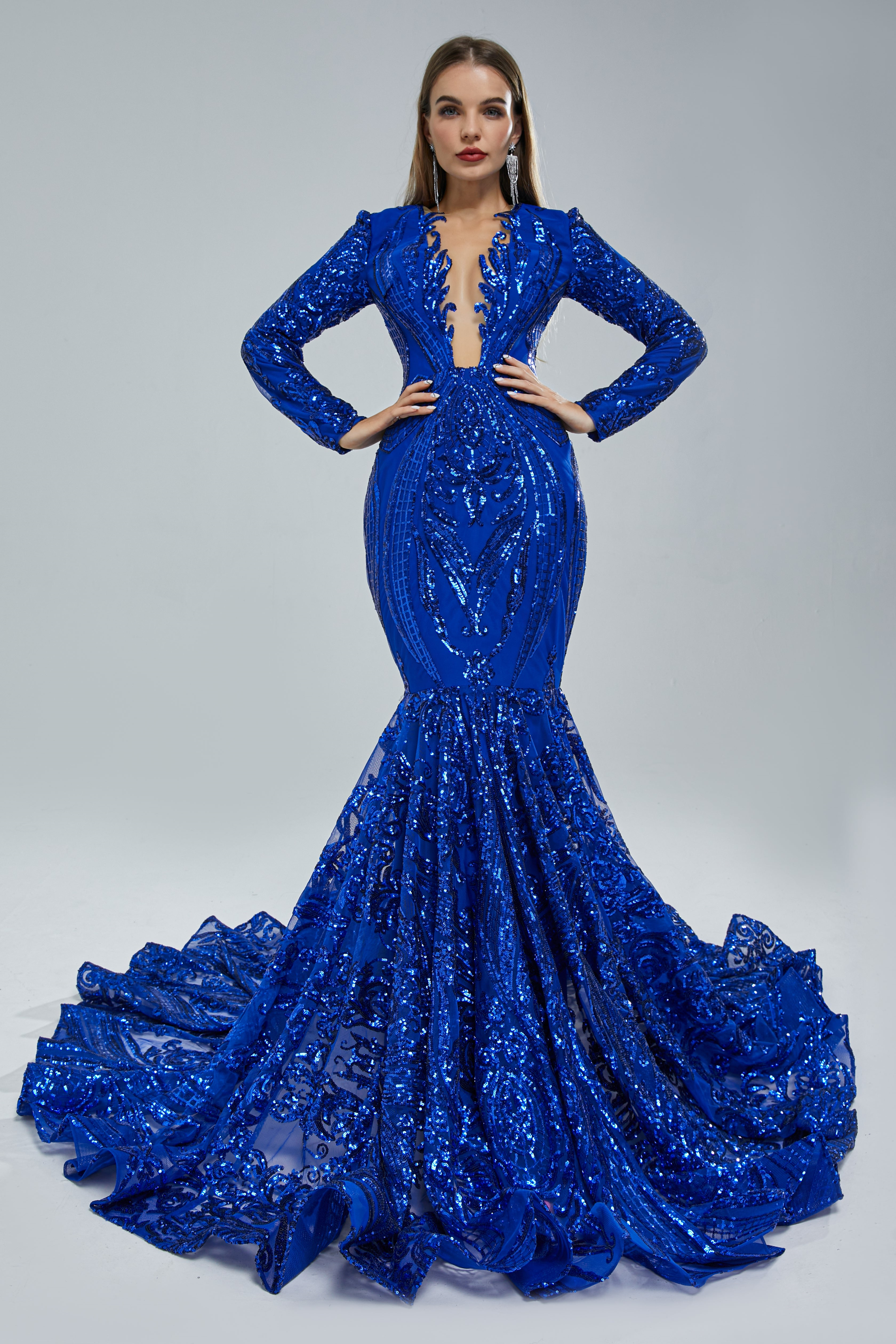 Bellasprom Royal Blue Long Sleeves Prom Dress Mermaid Sequins Online Bellasprom