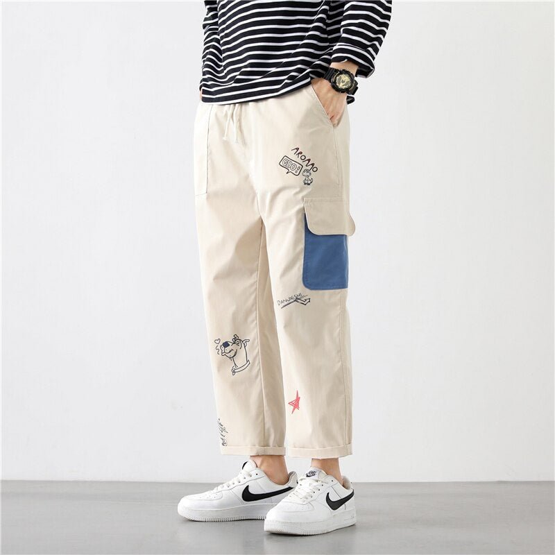 Japanese Streetwear Fashion Cargo pants men Harajuku Graffiti Baggy Wide Leg Pants Casual Ankle Length Trousers Clothing White