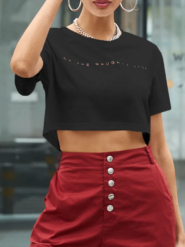 Letters Print O-neck Short Sleeve Casual Crop Top for Women