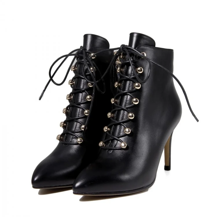 Black Lace-up Dress Ankle Booties Pointy Toe High Heel Boots Vdcoo