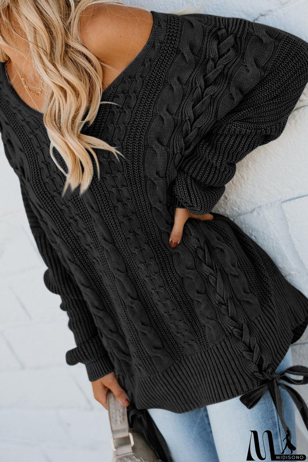 MidiSono - Love Letters Cable Knit Lace Up Sweater