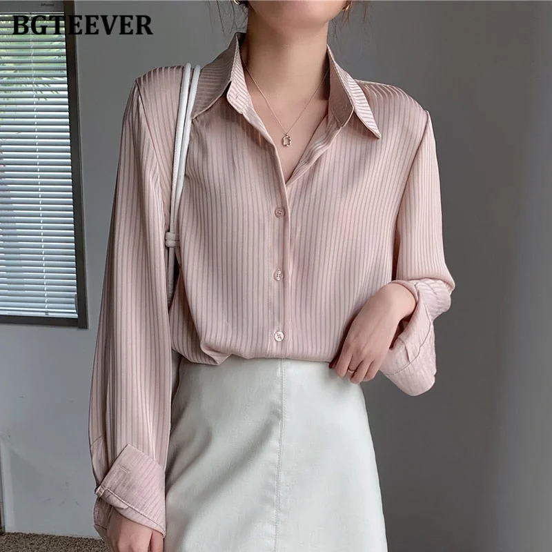 BGTEEVER Office Ladies Striped Women Blouses Tops Full Sleeve Loose Women Shirts Elegant Spring Blusas Mujer 2021