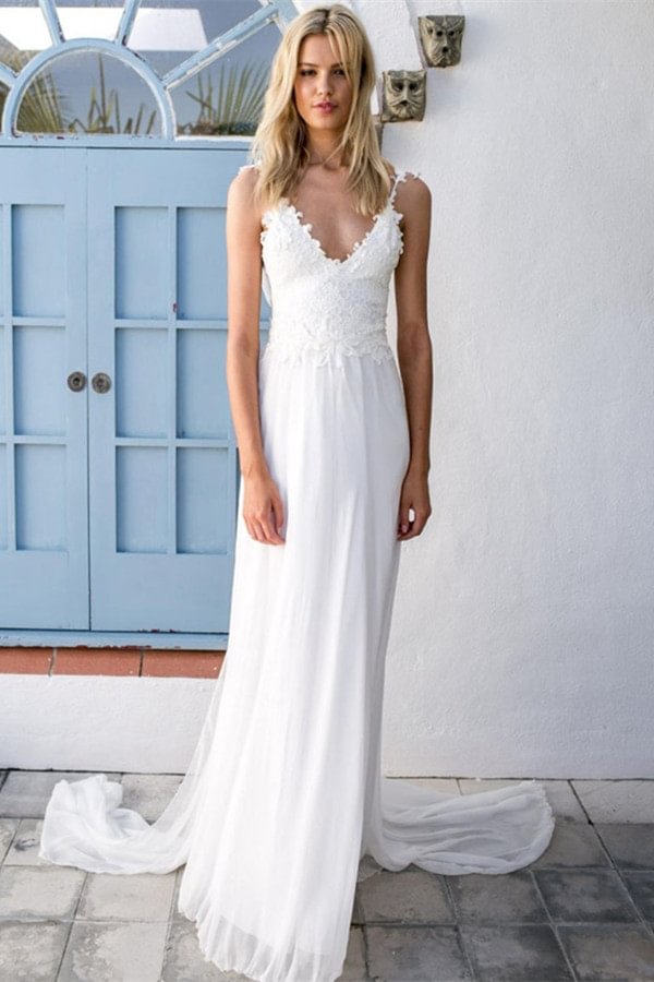 Luluslly Chiffon Beach Wedding Dress With Lace Appliques
