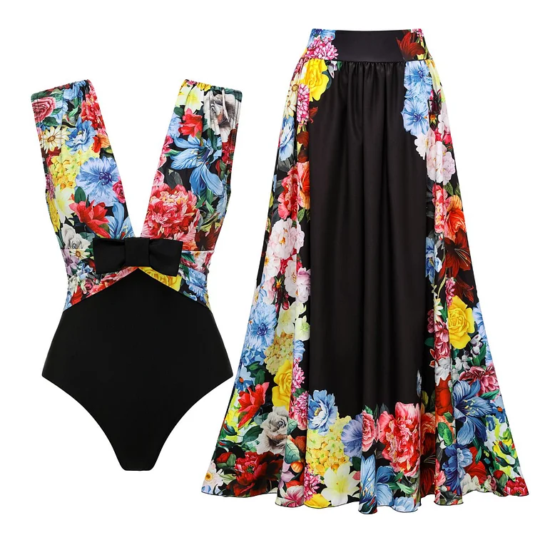 Bowknot Floral Printed One Piece Swimsuit and Skirt
