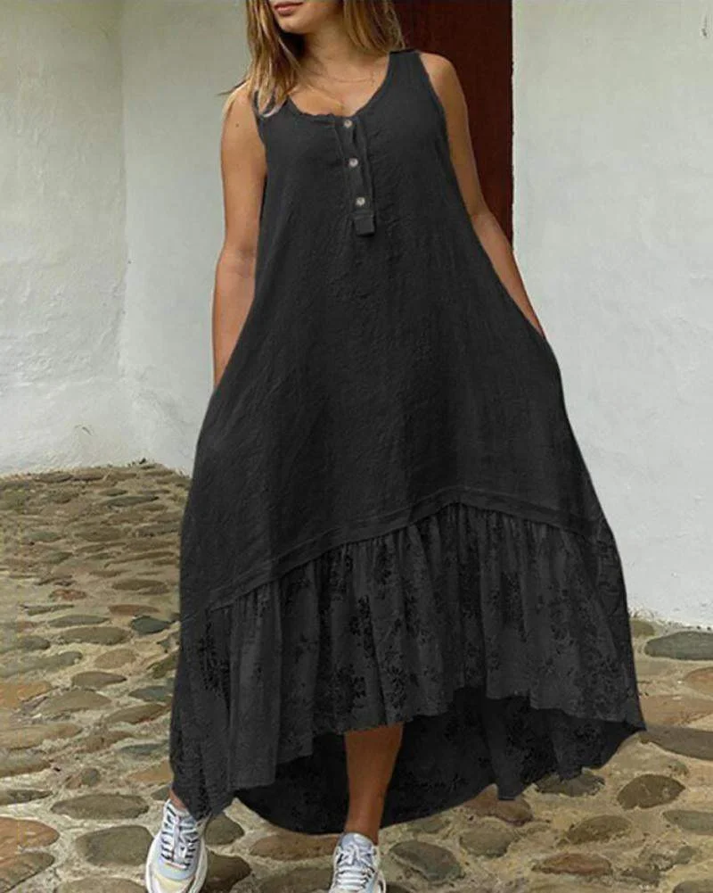 Solid color round neck lace patchwork irregular dress