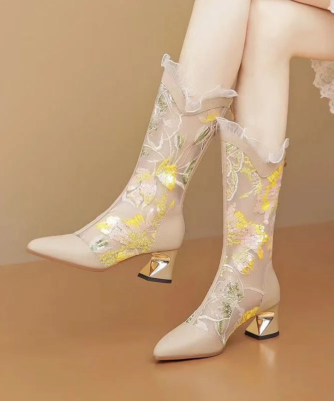 Chinese Style Embroidered Hollow Mesh Patchwork Chunky Heel Boots