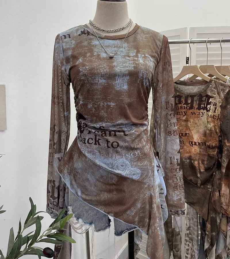 Uveng Real Shooting Babes Long Sleeves And Jersey Net Yarn Dye Printing Irregular Lotus Leaf Edge Ribbon Folding Top 9998