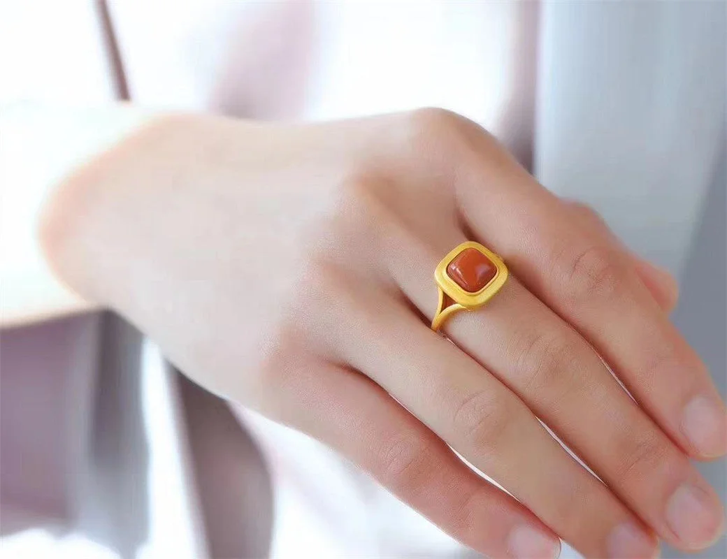 Red Agate Chinese Style Adjustable Retro Ring