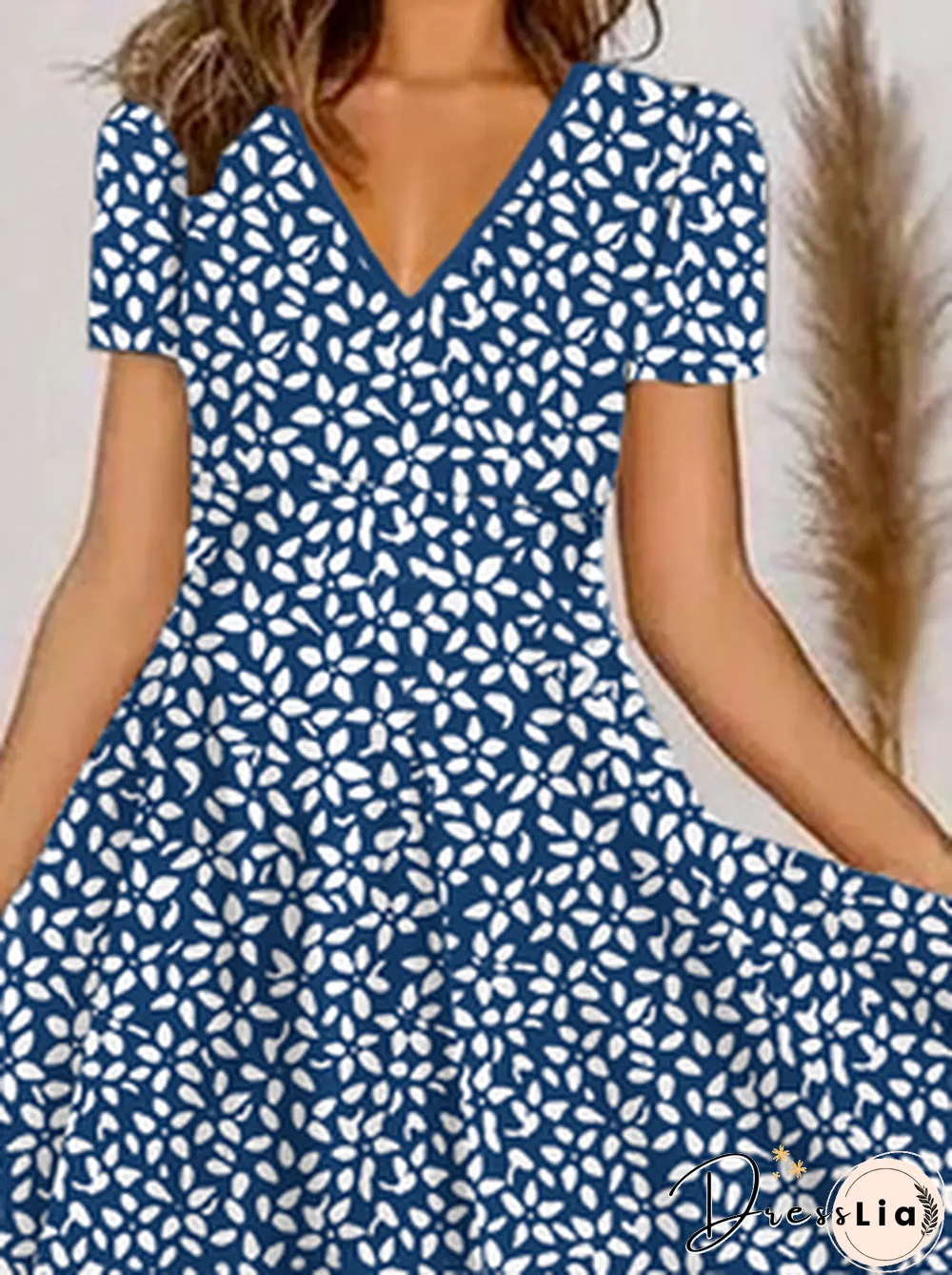 Womens Casual Floral Summer Micro-Elasticity Jersey Midi Short sleeve A-Line Regular Dress