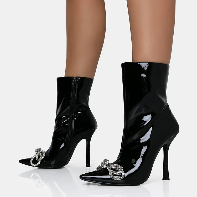 Black Patent Leather Ankle Boots Stiletto Heel Rhinestone Bow Booties |FSJ Shoes