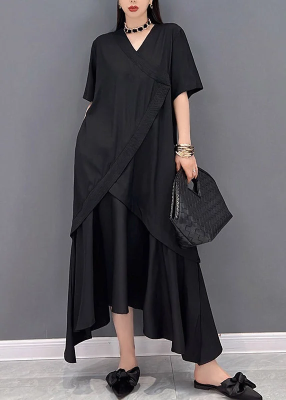 5.5Boutique Black V Neck Asymmetrical Patchwork Long Dress Short Sleeve