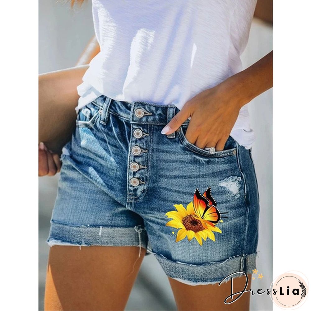 4 Summer Women Hot Shorts Sunflower Butterfly Print Denim Shorts Skinny Jeans Shorts