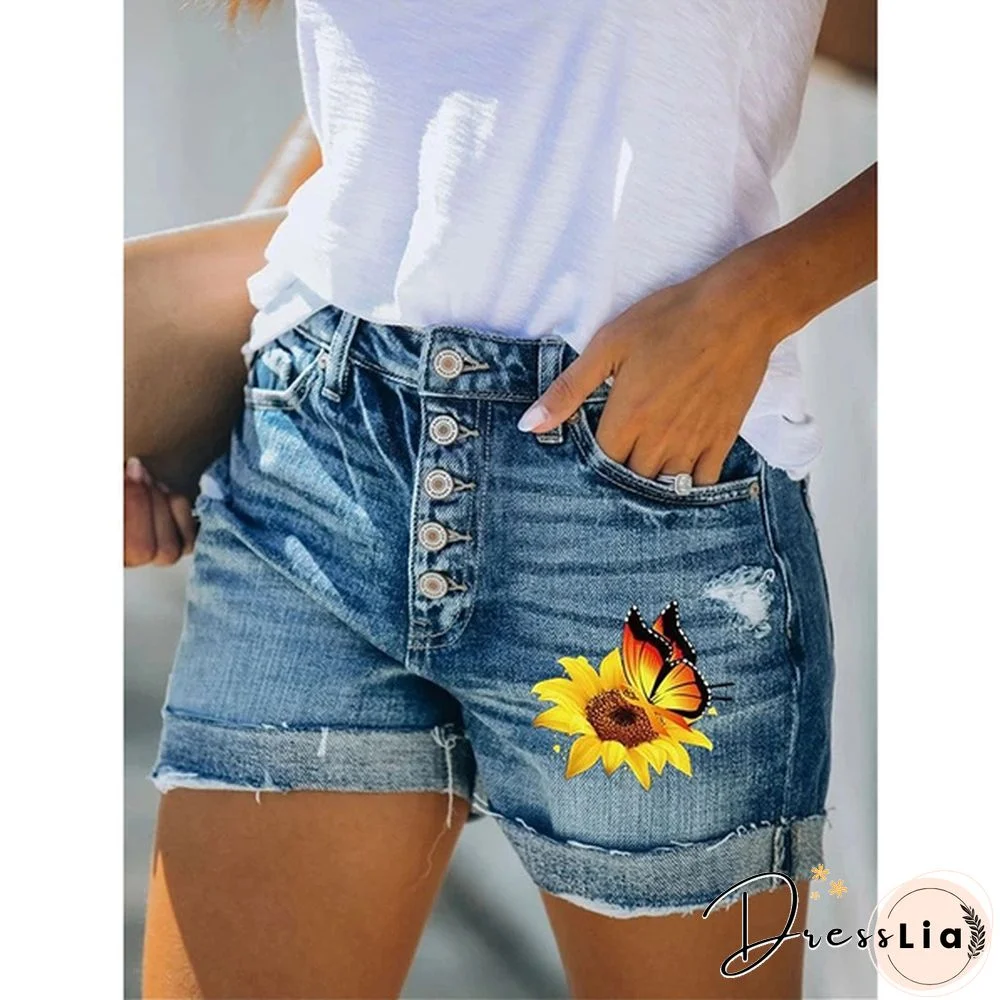 4 Summer Women Hot Shorts Sunflower Butterfly Print Denim Shorts Skinny Jeans Shorts