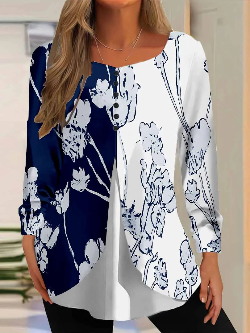 Women Floral,Blue DZGG8307 Long Sleeve Scoop Neck Printed Graphic Button Fake 2in1 Tops