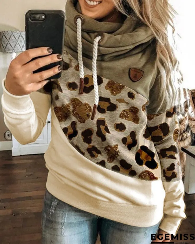 Lantern Sleeve Colorblock Leopard Print Hooded Top | EGEMISS