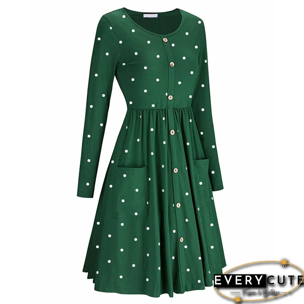 Green Casual Button Down Swing Dress with Pockets