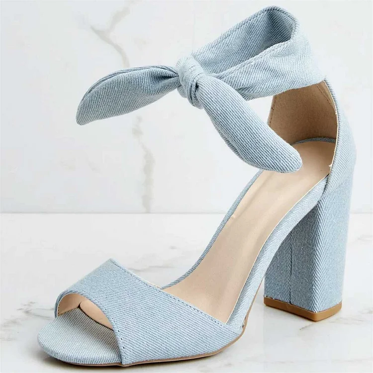 Custom Made Peep Toe Knotted Denim Heels |FSJ Shoes
