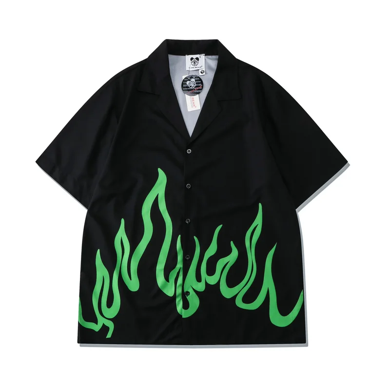 Abebey-Green Flame Print Summer Shirts and Shorts Tracksuits for Men Streetwear Casaul Oversized Hawaii Sets Loose Unisex Beach Clothes