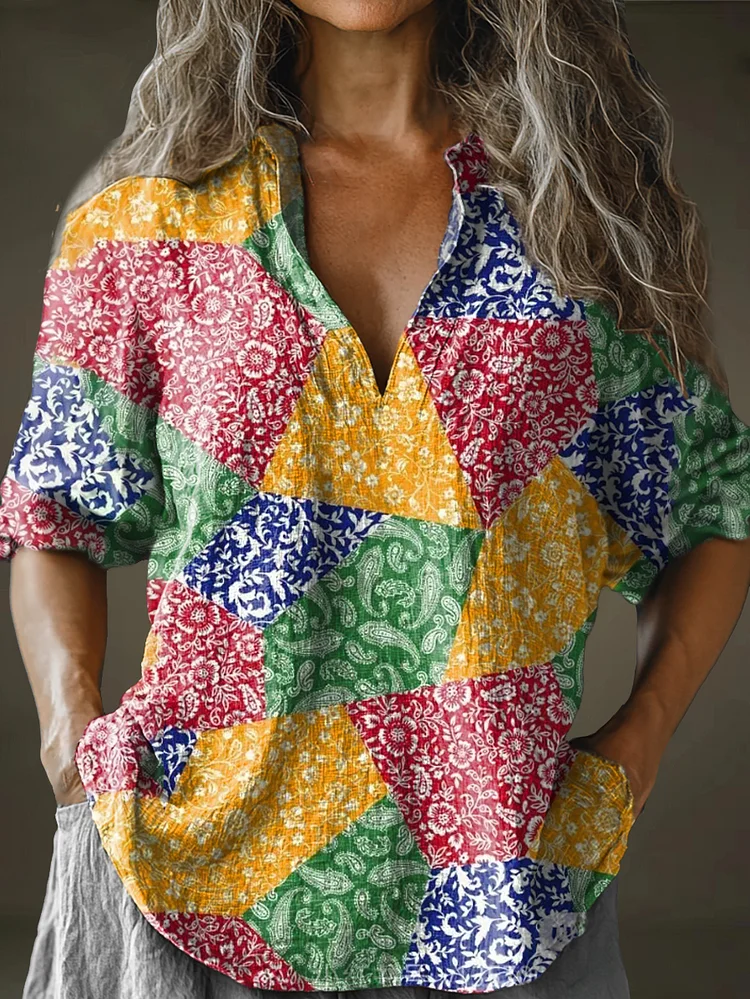 Women's Rainbow Abstract Art Pattern Print Long Sleeve Comfortable Cotton And Linen Shirt