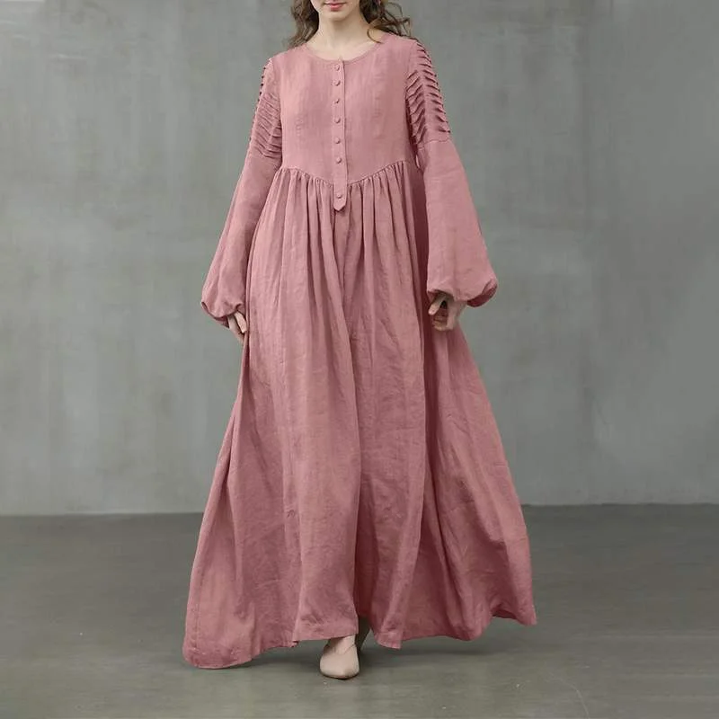ZANZEA Spring Pleated Sundress Vintage Women Lantern Sleeve Maxi Long Dress Elegant Solid Party Kaftan Vestido Baggy  7