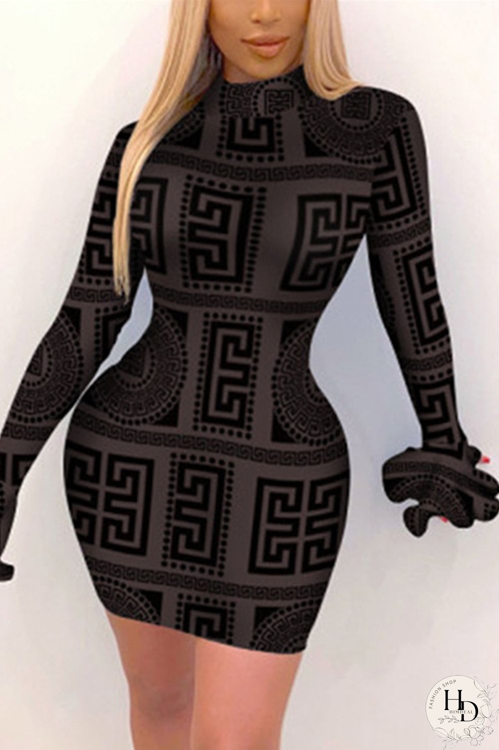 Black Fashion Sexy Print Basic O Neck Long Sleeve Dress
